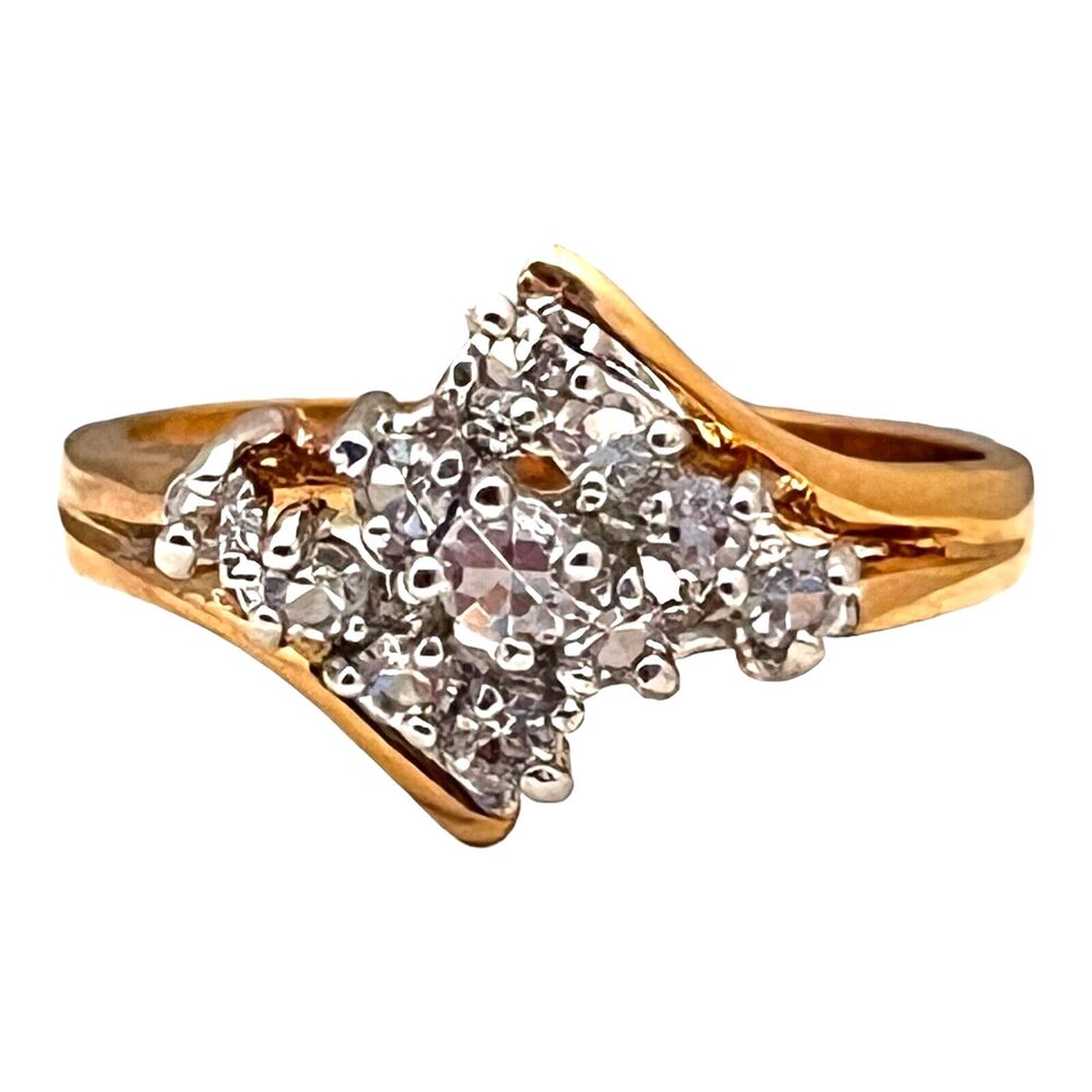 Vintage 1980s CZ Cluster Ring Size 6 14KT Gold Plated Cocktail - 14H